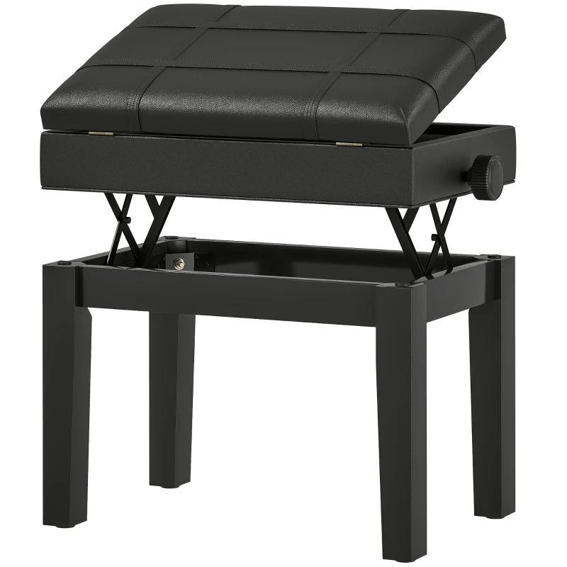 HOMCOM Banquette tabouret siège pour piano coffre intégré hauteur réglable bois hévéa assise revêtement synthétique noir