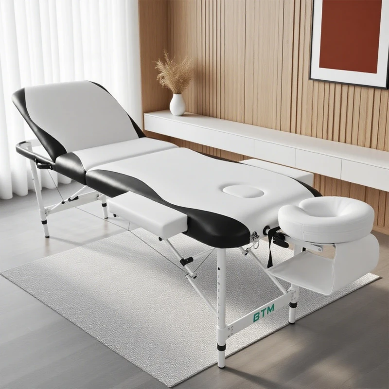 Portable Aluminium Massage Table, 3-Section Foldable Couch Bed with Adjustable Headrest, Arm Support, and Carrying Bag, White