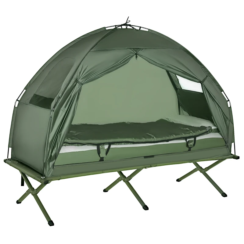 4 en 1 tente surélevée avec lit de camping pliable +sac de couchage +matelas pneumatique+pompe