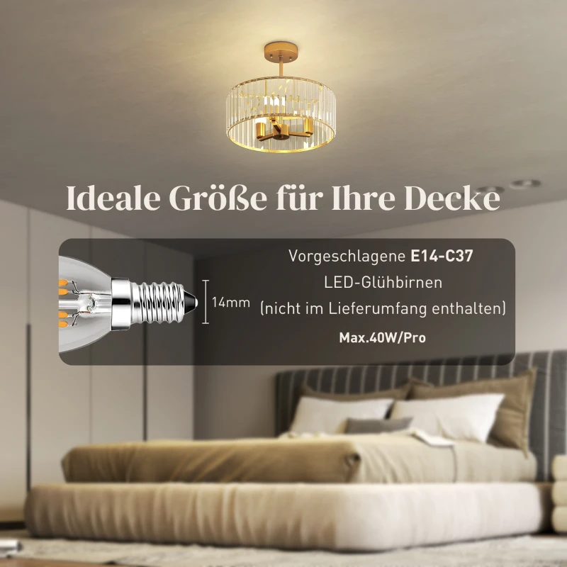 HOMCOM Deckenlampe, Kronleuchter-Design, Kristallschirm, 3 Glühbirnen, Metall, Goldfarben(m-5)