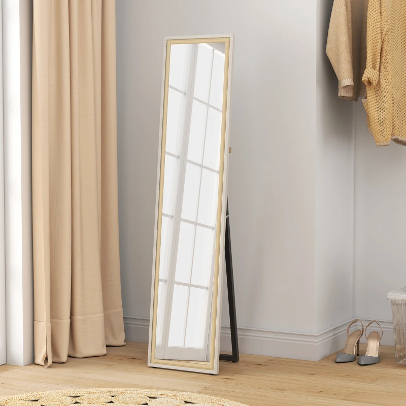 HOMCOM Espejo de Cuerpo Entero 157x37 cm con Marco Bicolor Espejo de Pie Inclinado o Colgante Blanco y Natural