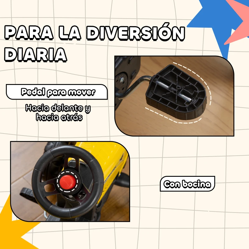 HOMCOM Tractor a Pedales para Niños a partir de 3 Años con Remolque y 2 Herramientas Carga 35 kg 133x42x51 cm Amarillo