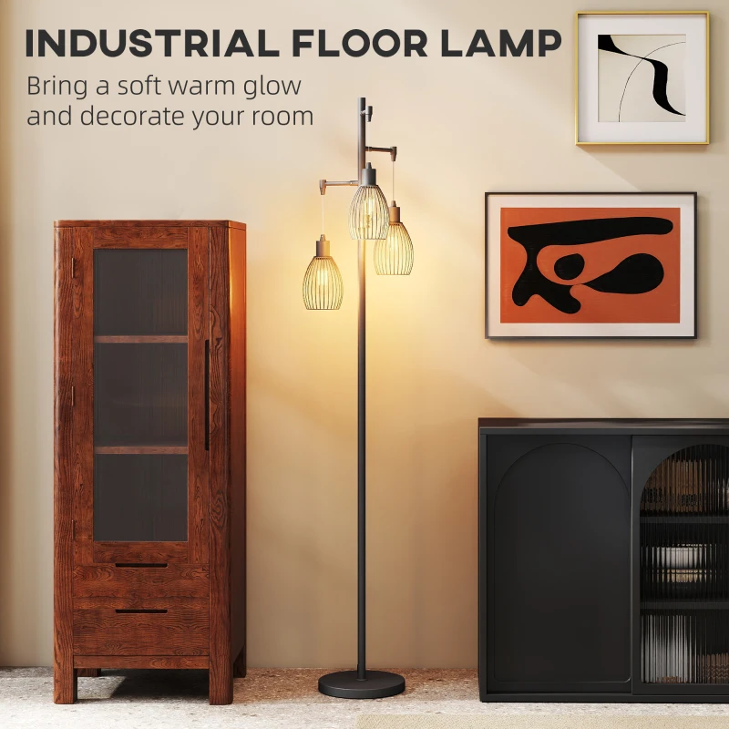 HOMCOM 3-Light LED Floor Lamp, 170cm Industrial Dimmable Standing Lamp with Steel Wire Cage Lampshades, 2700K for Living Room, Bedroom, Dining Room, Study, Black