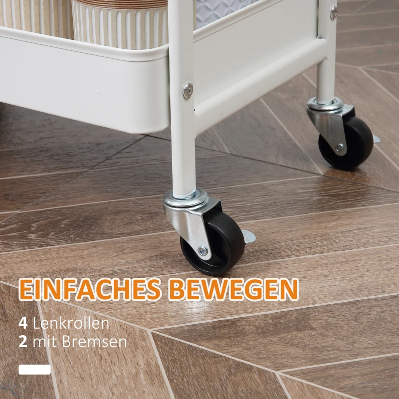 HOMCOM Rolbare Keukenwagen met 2 Planken, Lade, Plank, 4 Wielen, Handvatten, van Staal, Wit