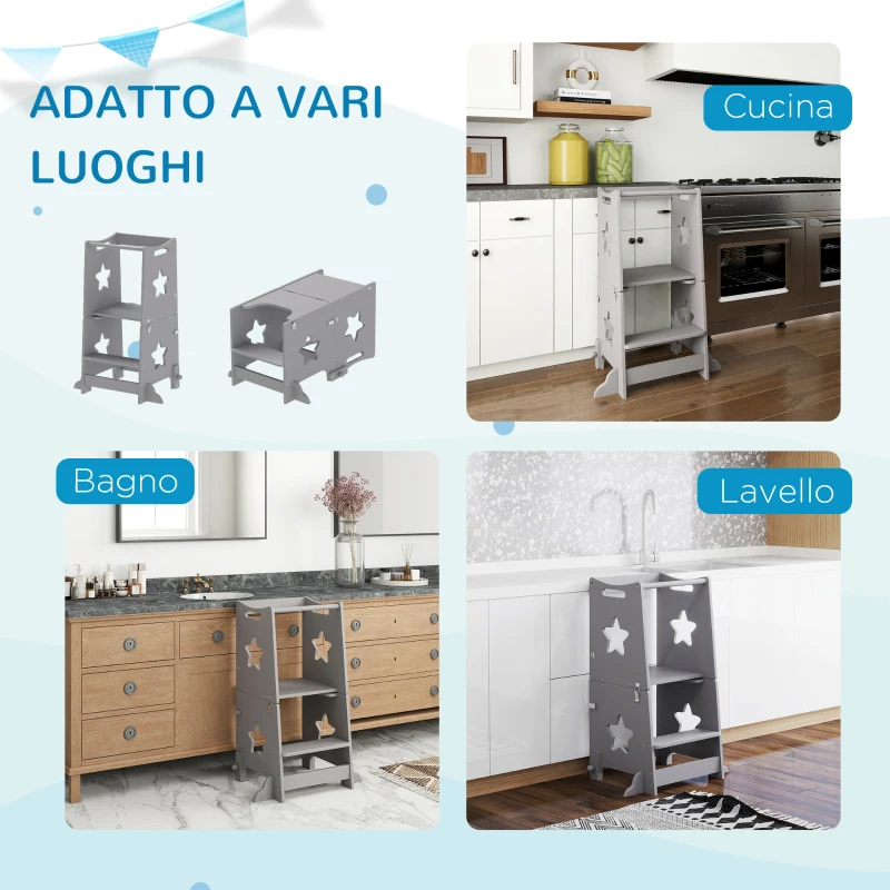 AIYAPLAY Scala Montessori Convertibile in Set Tavolo e Sedie con Barra di Sicurezza, in Legno, 60x44.5x86 cm, Grigio