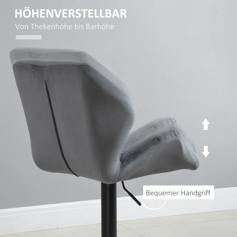 HOMCOM Barhocker 2er Set, Gepolstert Barstuhl mit Metallgestell, Lehne, Samtoptik, Höhenverstellbar 360° Drehbar