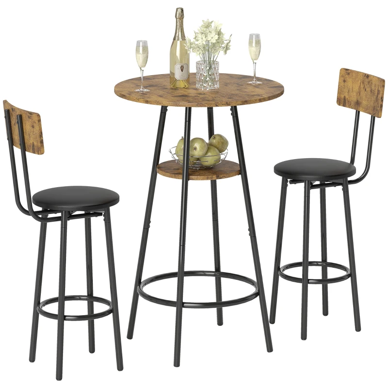 HOMCOM 3-teiliges Bartisch-Set mit 2 gepolsterten Hockern, Kunstleder-Bezug, Rückenlehne, Metallgestell, Braun(m-11)