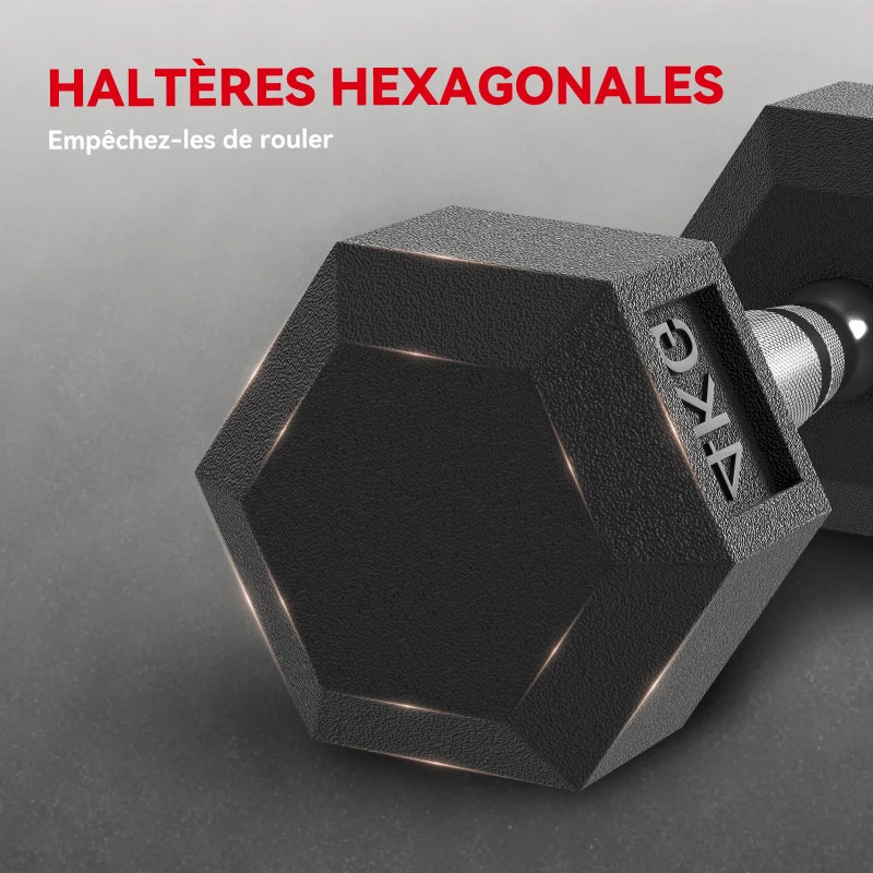 HOMCOM Ensemble d'haltères courtes, lot de 2 haltères hexagonaux recouverts de caoutchouc, acier noir