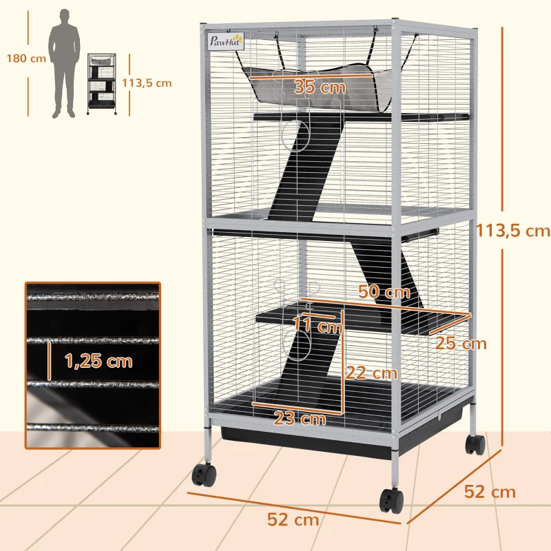 PawHut Cage pour Petits Animaux Portable à 4 Niveaux avec Roulettes, 2 Portes, 3 Rampes, Hamac et Plateau Amovible