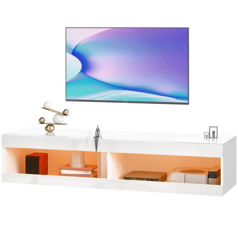 HOMCOM Meuble TV suspendu avec éclairage LED RGB en 16 couleurs, support TV avec espace de rangement ouvert, pour téléviseurs de 55-60 pouces, pour salon, chambre à coucher, 140 x 40 x 30 cm, Blanc Brillant