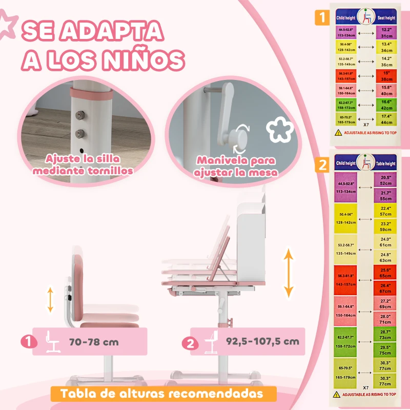 AIYAPLAY Juego de Escritorio y Silla para Niños de +3 Años Altura Ajustable con Tablero Inclinable 80x55x107,5 cm Rosa