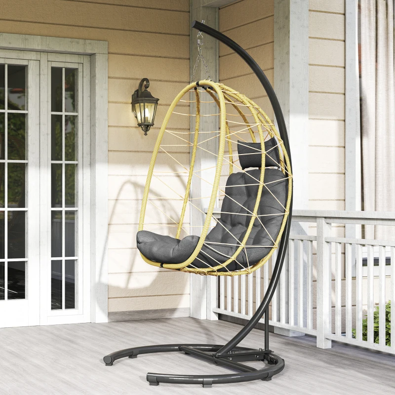 Outsunny Poltrona Sospesa e Pieghevole con Cuscini, in Acciaio e Rattan PE, 102x102x195 cm, Nera Grigia e Beige