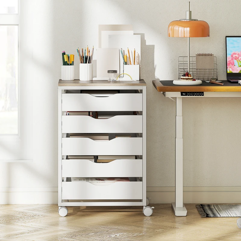 HOMCOM Archivador de oficina móvil, mueble de almacenamiento en ruedas de madera con 5 cajones, asas empotradas, 50 x 40 x 74,5 cm, blanco