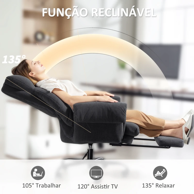 HOMCOM Cadeira de Secretária com Apoio para os Pés Encosto Reclinável e Acolchoada Espesso 80x80x106-114 cm Cinzento