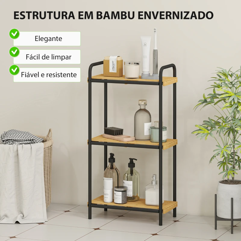 HOMCOM Estante de Casa de Banho de Bambu de 3 Níveis Estante de Armazenamento com 3 Prateleiras Ripas e Estrutura de Aço 41,5x21,5x77,5 cm Madeira e Preto