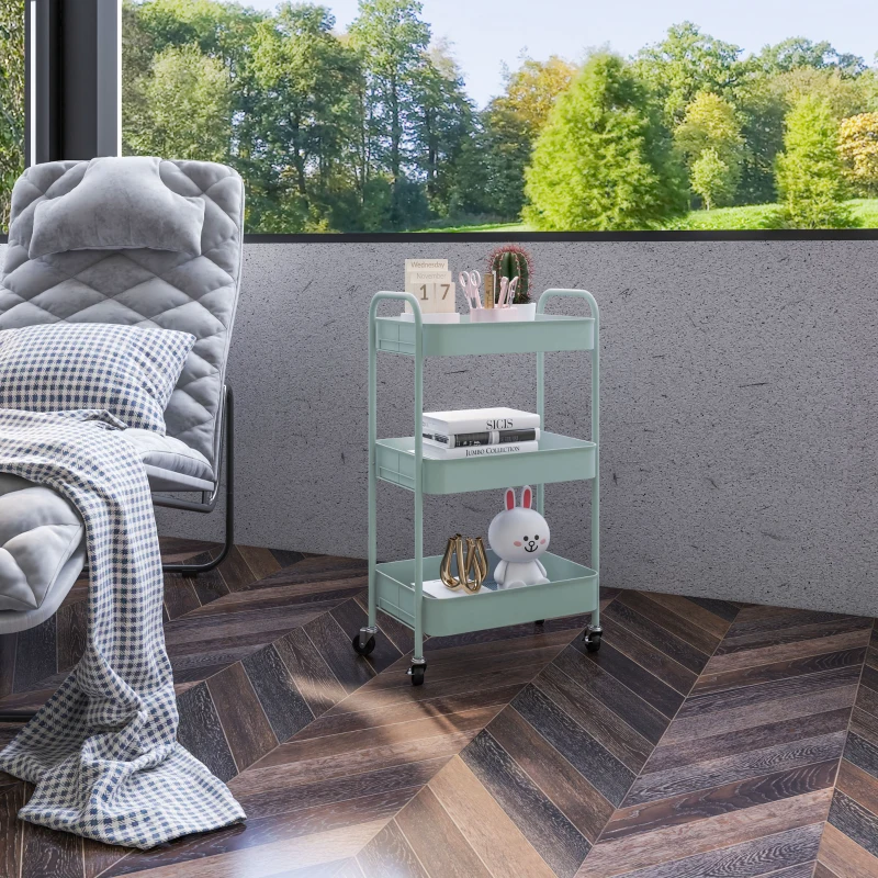 HOMCOM Multifunctionele Keukenkar, 3 Planken, 4 Wielen, 45 cm x 30,6 cm x 79 cm, Lichtblauw
