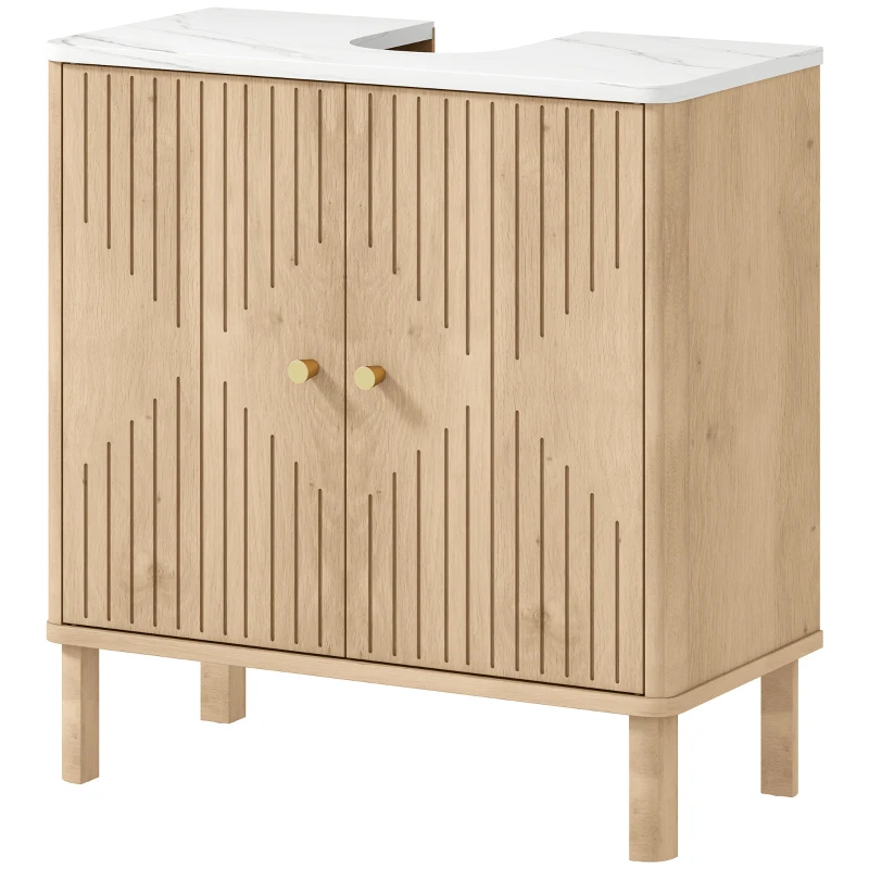HOMCOM Meuble sous lavabo meuble de salle de bain sous vasque étagère réglable plan de toilette effet marbre 60x30x63cm chêne