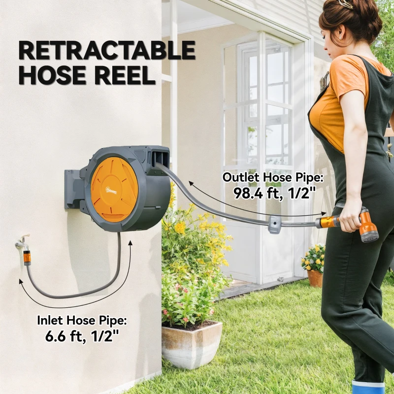 Outsunny Retractable Hose Reel Wall Mounted, 30+2m Garden Hose Pipe Reel with Lock, Auto Rewind, 7 in 1 Spray Nozzle, Includes Wall Fixings, 180° Swivel, Outdoor Watering, 59 x 23 x 42 cm, Orange