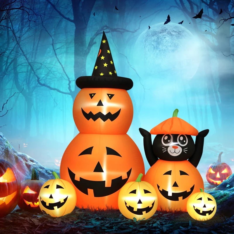 Outsunny Abóbora Insuflável de Halloween com Gato de 180 cm com Luzes LED IP44 e Insufládor para Festas 160x100x180 cm Laranja