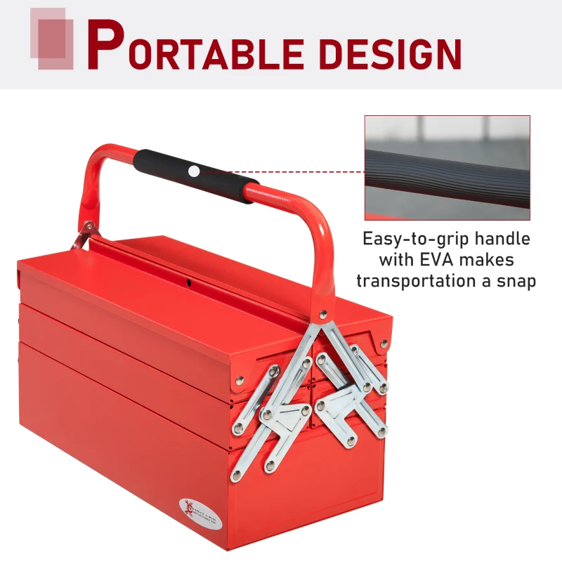 DURHAND Professional Metal Tool Box Portable Storage Cabinet Workshop Cantilever Toolbox with 3 Tier 5 Tray Carry Handle, 45cmx22.5cmx34.5cm, Red