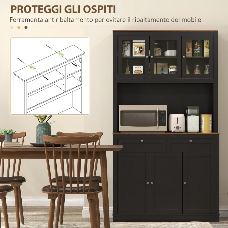 HOMCOM Credenza Cucina Alta con 4 Armadietti, 2 Cassetti e Piano Centrale, 100x40x180 cm, Nero