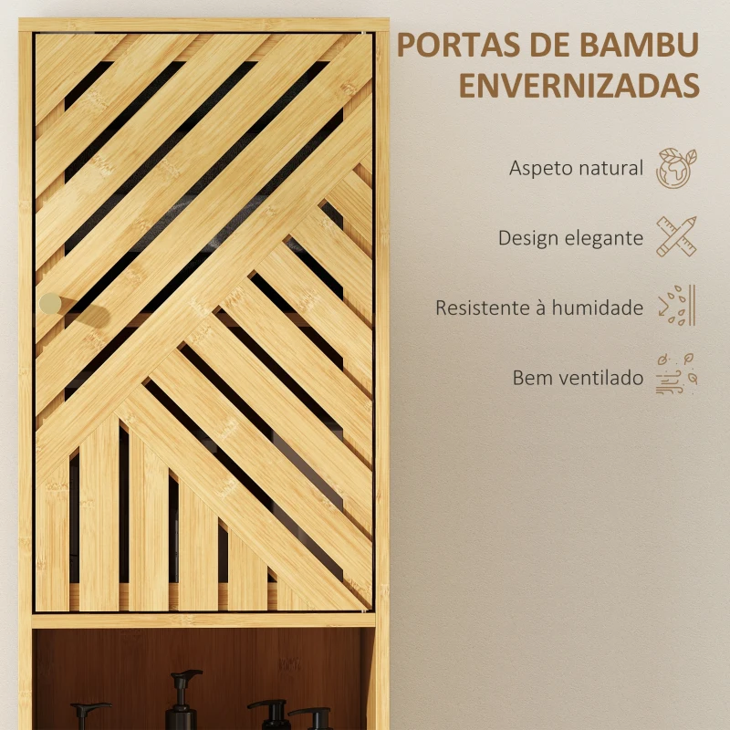 HOMCOM Coluna de Casa de Banho Estreita Armário de Casa de Banho Alto com Portas e Pés de Bambu 32x30x170 cm Madeira