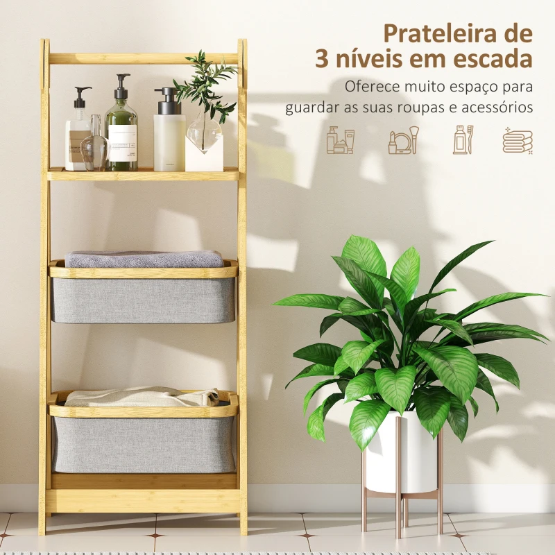 HOMCOM Estante Dobrável para Casa de Banho de Bambu com 2 Cestos para Roupa Suja Estante Aberto 44,5x32x99 cm Cinzento