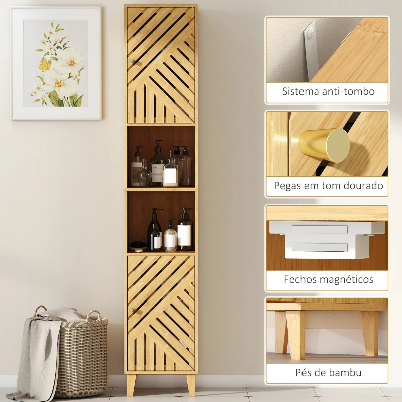 HOMCOM Coluna de Casa de Banho Estreita Armário de Casa de Banho Alto com Portas e Pés de Bambu 32x30x170 cm Madeira