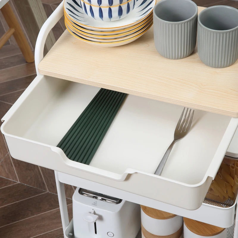 HOMCOM Rolbare Keukenwagen met 2 Planken, Lade, Plank, 4 Wielen, Handvatten, van Staal, Wit
