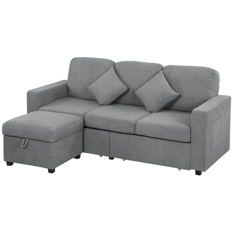 HOMCOM 3-Sitzer Modulares Sofa mit Aufbewahrungshocker aus Ripp-Velours, 196x139x85 cm, Hellgrau