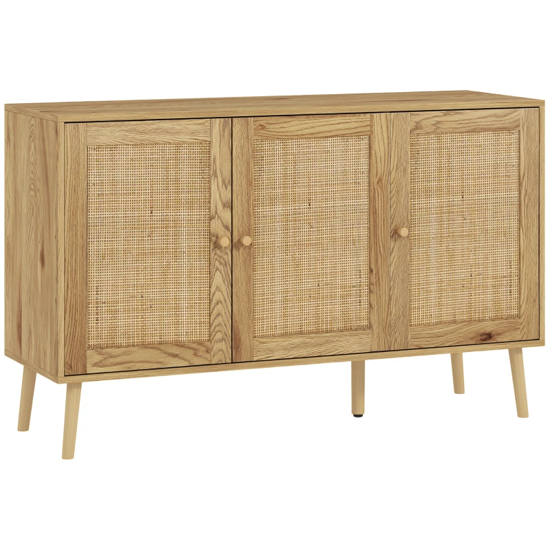 HOMCOM Credenza per Soggiorno Bohémien con Porte in Rattan e Scaffali Regolabili 120x40x75 cm Legno Naturale