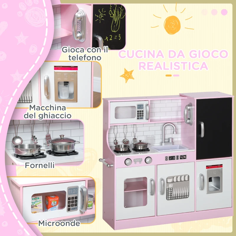 AIYAPLAY Cucina Giocattolo in Legno per Bambini 3-8 Anni con Fornelli, Microonde, Lavandino, e Accessori, Rosa