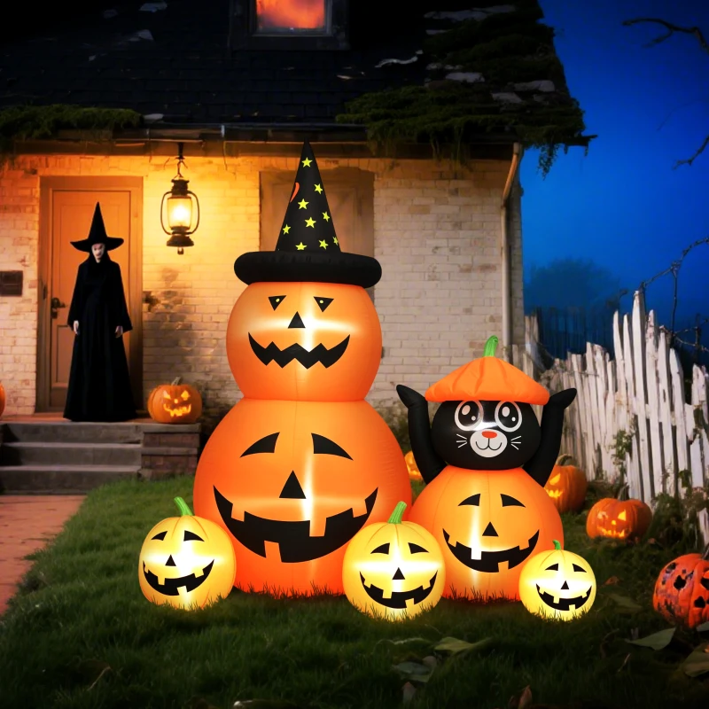 Outsunny Abóbora Insuflável de Halloween com Gato de 180 cm com Luzes LED IP44 e Insufládor para Festas 160x100x180 cm Laranja
