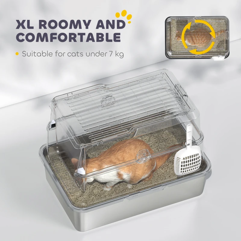 PawHut Extra Large Stainless Steel, Cat Litter Tray with Scoop, Flip Top