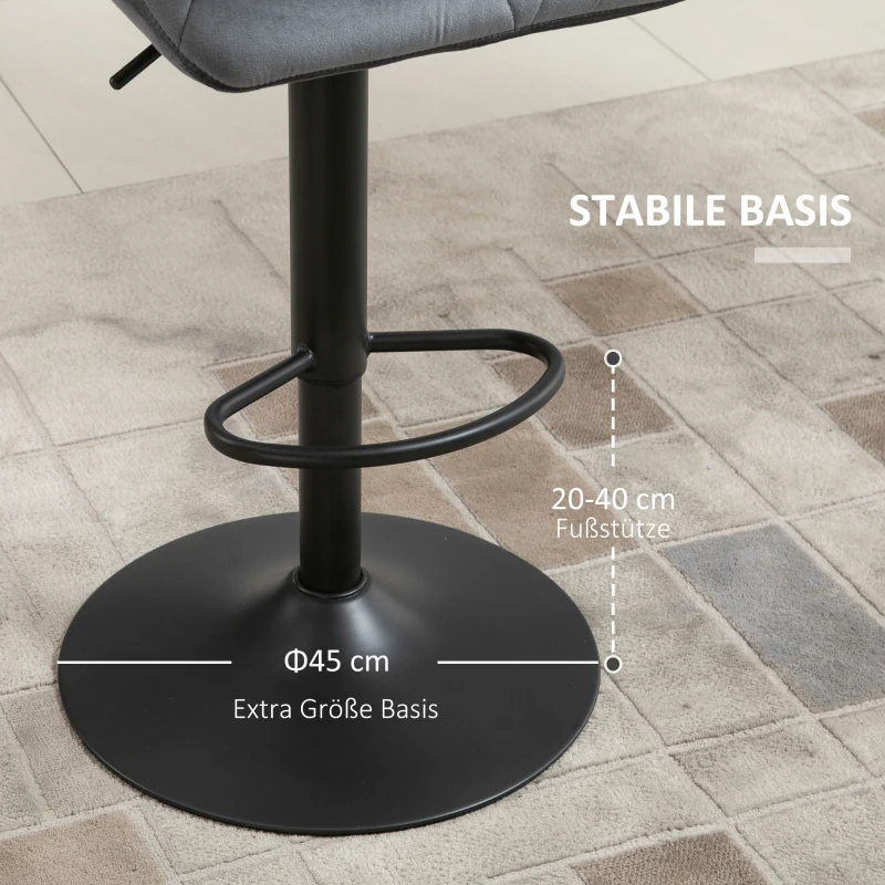HOMCOM Barhocker 2er Set, Gepolstert Barstuhl mit Metallgestell, Lehne, Samtoptik, Höhenverstellbar 360° Drehbar