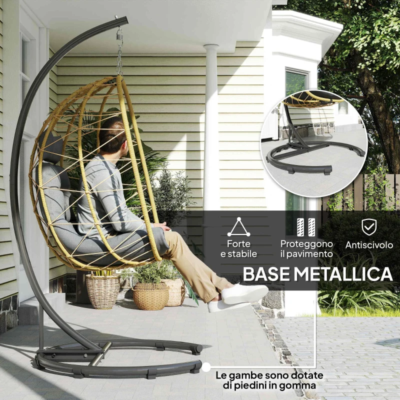 Outsunny Poltrona Sospesa e Pieghevole con Cuscini, in Acciaio e Rattan PE, 102x102x195 cm, Nera Grigia e Beige