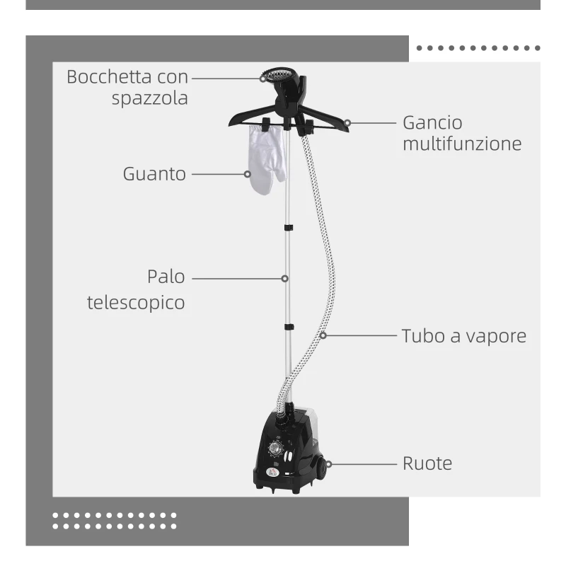 HOMCOM Stiratrice Verticale a Vapore da 1.4L con Asta Estendibile e 2 Rotelle, in ABS e PP, 26x21.5x29 cm, Nero