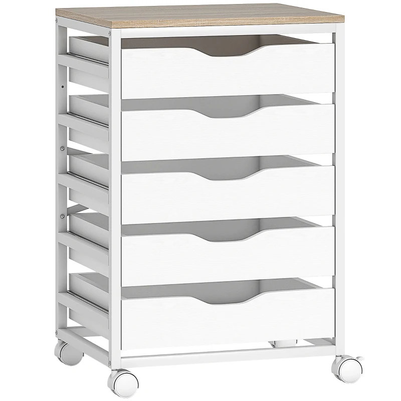 HOMCOM Bürocontainer auf Rollen, Büromöbel mit 5 Schubladen aus Holz, eingelassene Griffe, 50 x 40 x 74,5 cm, weiß