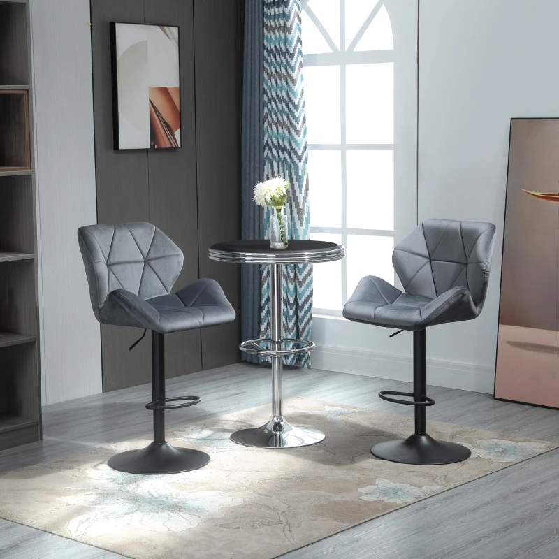 HOMCOM Sgabello da Bar 2 Pezzi, Imbottito con Telaio in Metallo, Schienale, Effetto Velluto, Altezza Regolabile Girevole a 360°