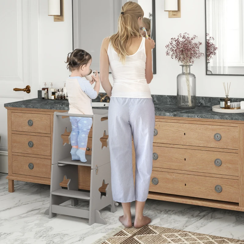 AIYAPLAY Escalera Montessori Convertible en Set de Mesa y Sillas con Barra de Seguridad, en Madera, 60x44.5x86 cm, Gris