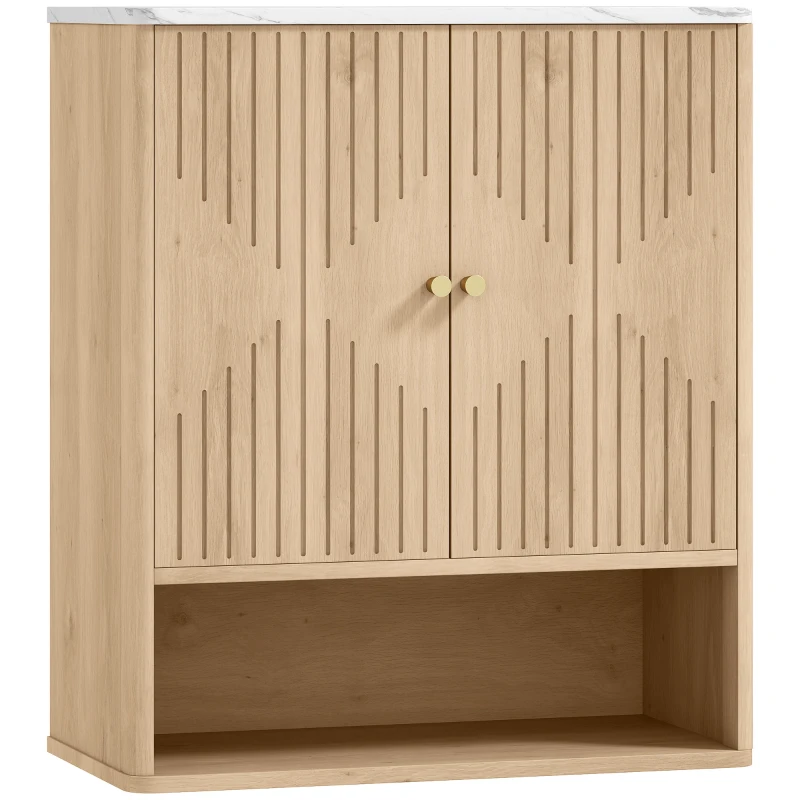 HOMCOM Armadietto Bagno a Parete con Ripiano Aperto e Ante Decorate, Piano Effetto Marmo, 60x18x70 cm, Rovere