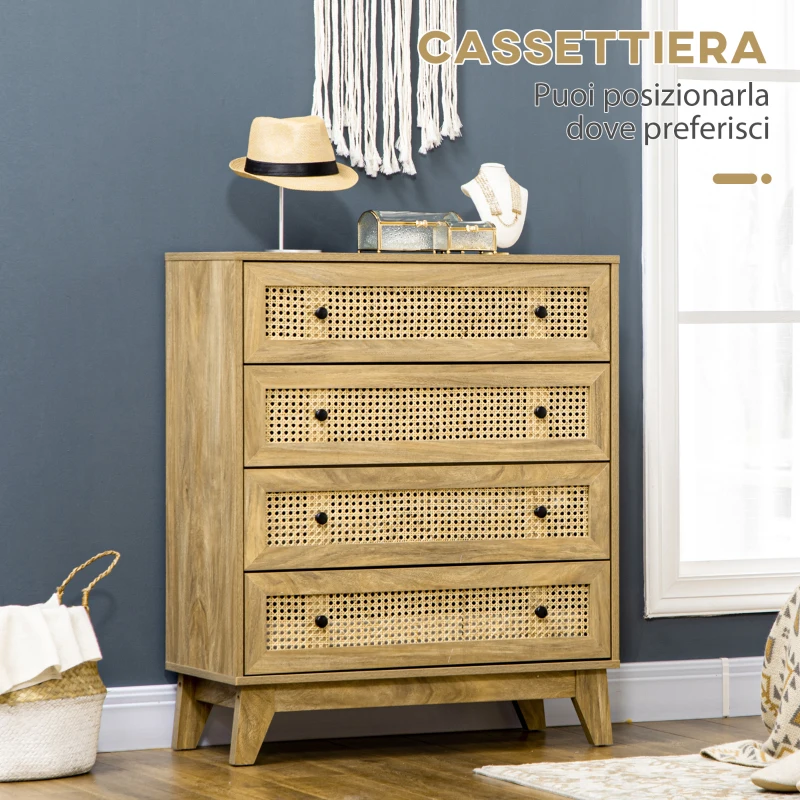HOMCOM Cassettiera con 4 Cassetti e Inserti in Rattan Stile Boho, 80x35x95 cm, Legno Naturale