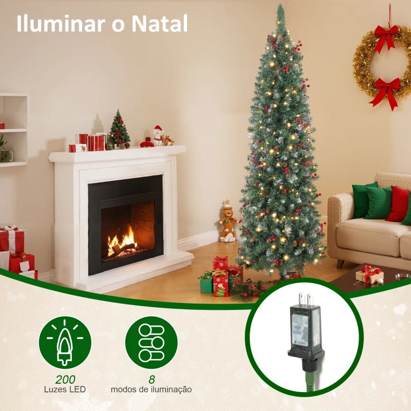 HOMCOM Árvore de Natal Slim 180 cm com Luzes LED 8 Modos de Iluminação 461 Ramos com Purpurina Prateada Pinhas e Bagas Verde