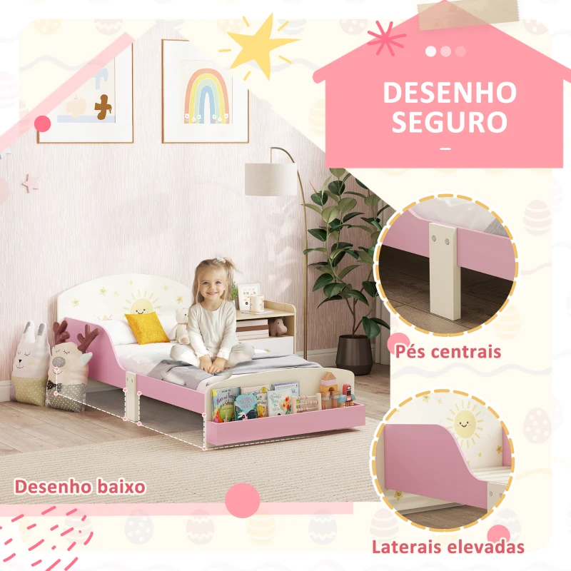 AIYAPLAY Cama Infantil para Crianças +3 Anos 70x140 cm em Madeira com Armazenamento e Desenhos de Estrelas para Dormitório Rosa