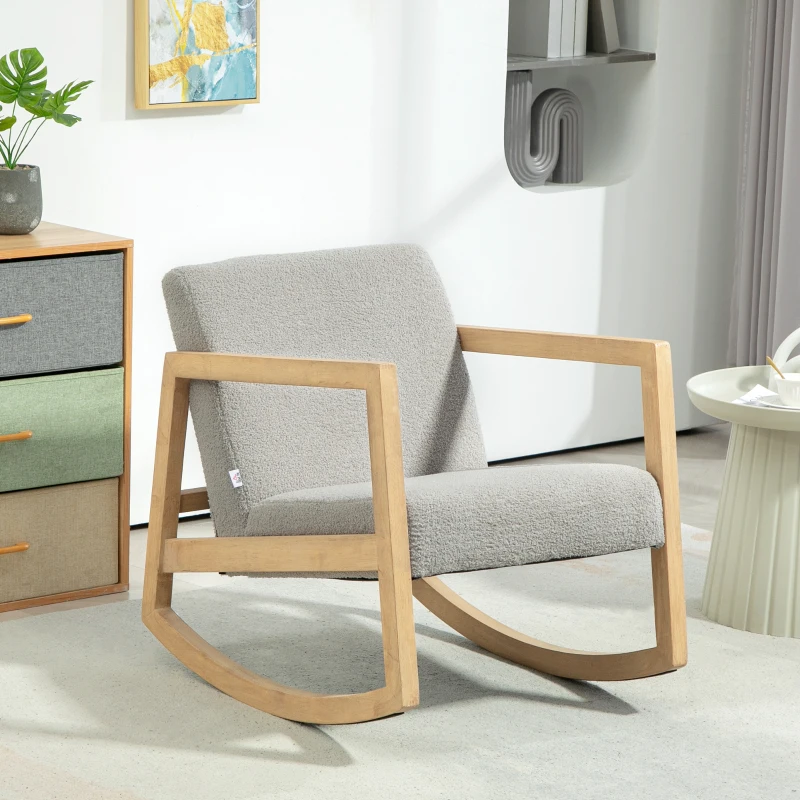 HOMCOM Fauteuil à bascule fauteuil allaitement rocking chair en tissu effet laine bouclée avec pieds en bois massif d'hévéa