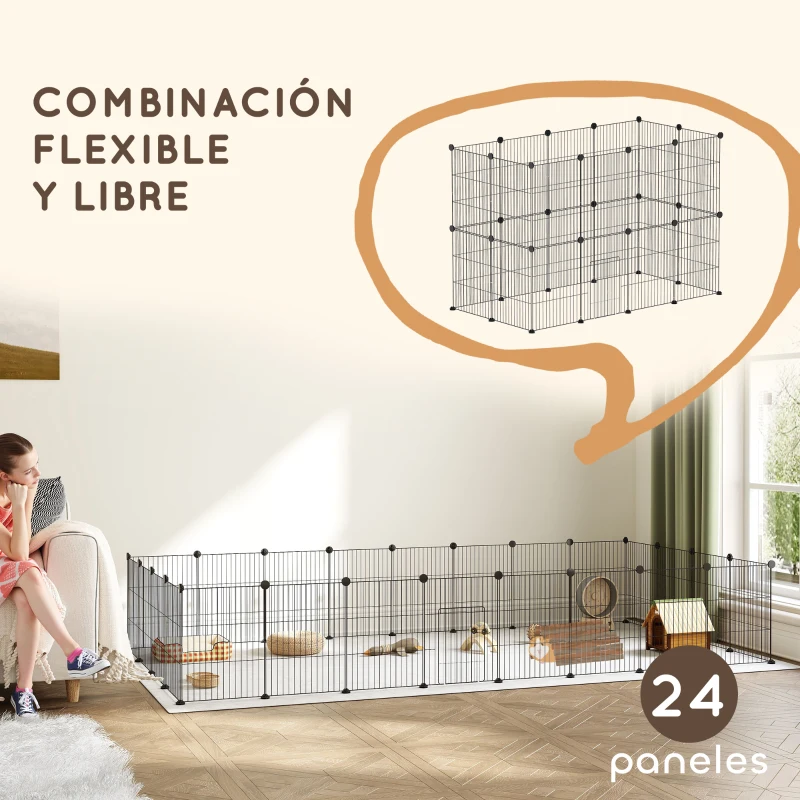 PawHut Jaula para Animales Pequeños Valla Metálica Modular para Mascotas con Puerta y Paneles de Acero 120x60x80 cm Negro