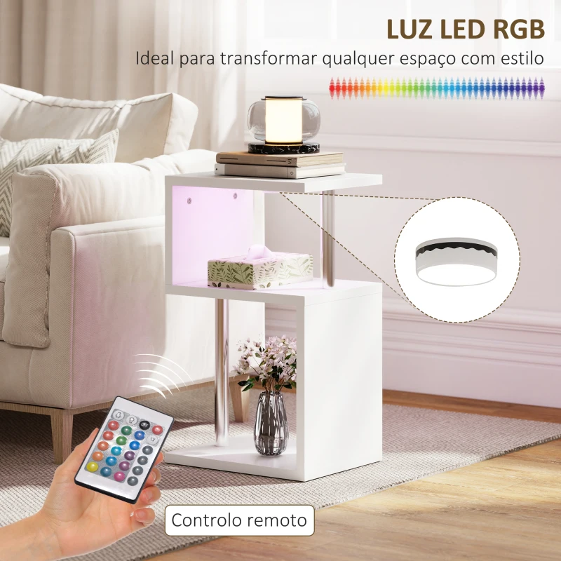 HOMCOM Mesa Auxiliar com Luz LED 3 Níveis Forma de S Prateleiras Abertas e Estrutura em Alumínio 44x38x75 cm Branco