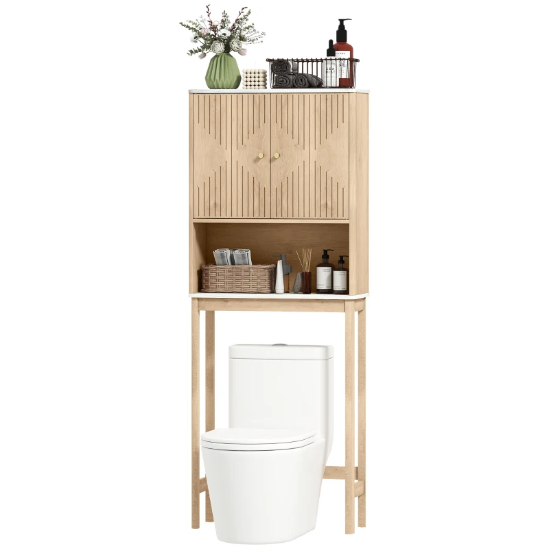 HOMCOM Meuble WC dessus de toilette meuble toilettes WC rangement avec placard à double porte étagères 66 x 25 x 168 cm, chêne