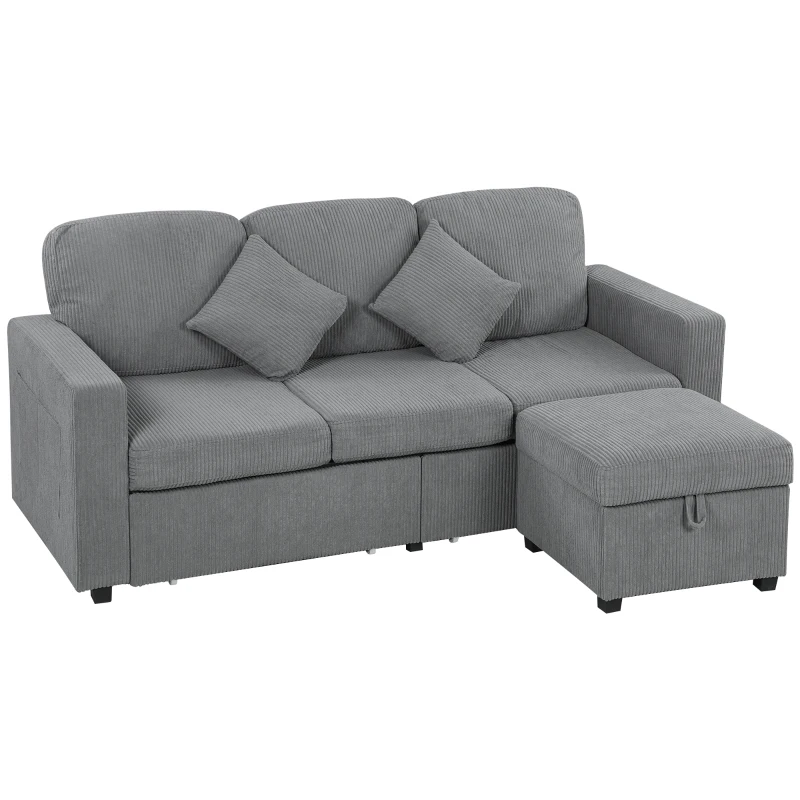 HOMCOM Divano 3 Posti Modulare con Pouf Contenitore in Velluto a Coste, 196x139x85 cm, Grigio Chiaro