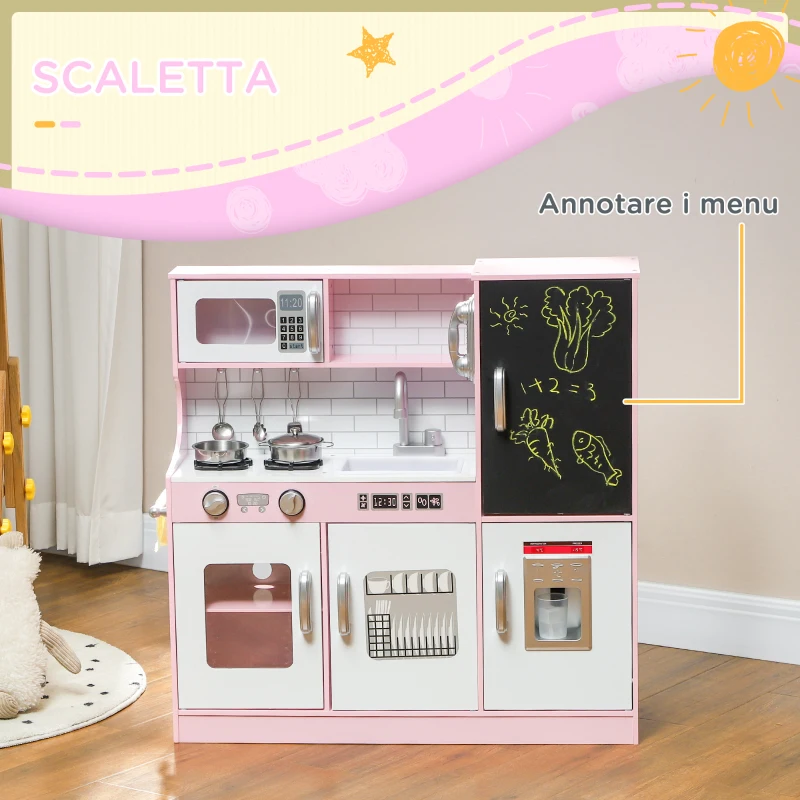 AIYAPLAY Cucina Giocattolo in Legno per Bambini 3-8 Anni con Fornelli, Microonde, Lavandino, e Accessori, Rosa
